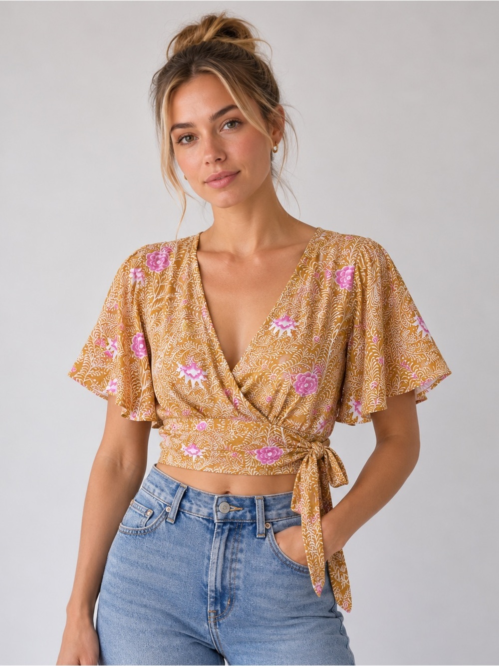 Anthropologie Beachgold Women’s Small Mustard Floral Wrap Crop Top Bell Sleeve